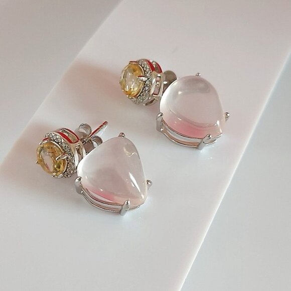 Natural Rose Quartz, Citrine & CZ‎ 925 Sterling Silver Earrings - Picture 3 of 12